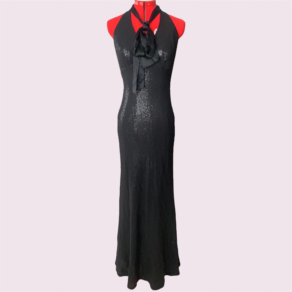 Carmen Marc Valvo Silk Dress Long Black Sequin Formal Dress Size 6